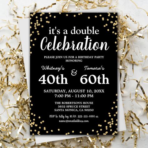 Adult Joint Birthday Party | Black Gold Glitter Invitation - birthday invitation Multiple Celebration Invitation, 70th Invitation Ideas, Birthday Invitations 40th, Combined 30th And 60th Birthday, Coed Birthday Party Themes, Double Birthday Invitations, Couples Birthday Party Ideas, Dual Birthday Party Themes, Double Birthday Party Ideas