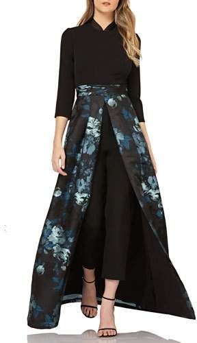 Kay Unger New York Crepe Jumpsuit w/ Floral Skirt Overlay Slippers Christmas, Kay Unger Dresses, Ball Skirt, Crepe Jumpsuit, Floral Print Jumpsuit, Kay Unger, Jacquard Skirt, Designer Evening Gowns, Tea Length Dresses