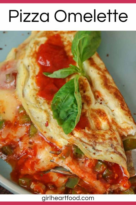 With the flavours of pizza in hearty eggs, this pizza omelette recipe is delicious for breakfast or for lunch or dinner with a side salad! #pizzaomelette #pizzaeggs #pizzaomelet #omeletteforone #easyomeletterecipe #howtomakeanomelette #omeletterecipe #breakfastrecipe #recipeusingeggs #easyeggrecipe #cheesyomelette #2eggomelette Vegetarian Omelette, Pizza Omelette, Omlet Recipes, Omelette Recipe Easy, Easy Egg Recipes, Omelets Recipe, Omelette Recipe, Clean Food Crush, Food Crush