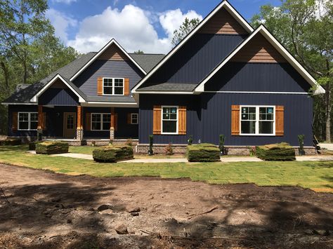 Craftsman Marine Blue Cedar Navy House Black Shutters, Navy House Black Windows, Navy Blue House Exterior White Trim, Navy Blue House Exterior, Blue Siding House, Navy House Exterior, Blue Home Exterior, Blue Exterior House Colors, Dark Blue House