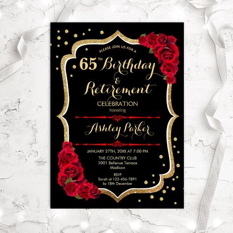 Birthday & Retirement Party - Black Gold Red Invitation - Retirement Party gifts Birthday/retirement Party, Red Black And Gold Retirement Party, Black And Gold Retirement Party, Red Invitation, Retirement Decorations, Retirement Party Gifts, Retirement Invitations, Retirement Party Invitations, Retirement Celebration