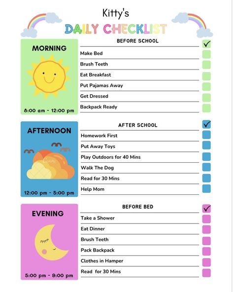 Chores For 2-3, Daily Hygiene Checklist Kids, Kids Daily Summer Chores, Kids Morning Checklist Free Printable, Daily Routine Chart For Kids, Chores For Kids Age 7-8, Daily Routine Chart, Chore Checklist, Clock Faces