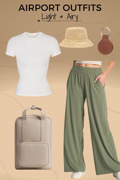 The image reads Airport outfits that are light and airy. Cut-out images of the Monos backpack, wide-leg Vouri villa pants, a summer straw hat, a leather hat clip, and a white tee shirt. The article links to our blog post reviewing all our favorite airport outfits. Beach Airport Outfit Travel Style, Best Flight Outfit, Airplane Summer Outfit, Comfortable Airport Outfit Summer, Flight Outfit Airport Style Summer, Airport Outfit Summer Beach, Air Travel Outfits, Boracay Outfit, Travel Outfit Summer Airport Casual