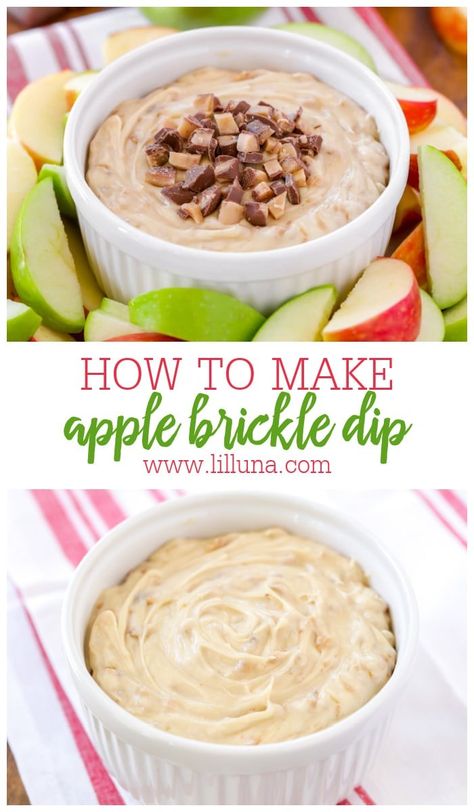 This 5-Ingredient Apple Brickle Dip recipe takes minutes to make and is so delicious! Plus, it uses common ingredients. The addition of Heath Toffee Bits makes it even better! #applebrickledip #appledip #brickledip #fruitdip #diprecipe Heath Bits Apple Dip, Apple Brickle Dip Recipe, Heath Apple Dip Toffee Bits, Apple Brickle Dip, Apple Dip With Heath Bits, Heath Apple Dip, Brickle Dip, Toffee Bits Recipe, Toffee Apple Dip