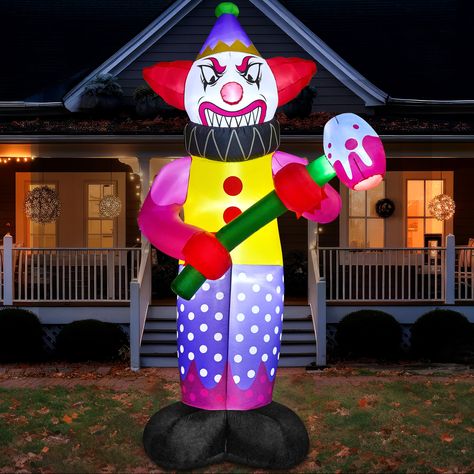 PRICES MAY VARY. Unique Design. This 9 ft tall Halloween inflatable giant clown with hammer decoration has stunning visual effects, making it an unmissable centerpiece for your Halloween party. Product size 4.3 x 2.8 x 9 feet. Comes with an extended cord, ground stakes, fastened ropes, built-in sandbags, and a plug with UL certification. Powerful Function. Our Halloween inflatable clown decoration features built-in LEDs lights that enhance its visual effects with bright lights. The lights intens Halloween Decor Scary, Inflatable Decorations, Halloween Inflatables, Yard Decorations, Halloween Yard Decorations, Giant Inflatable, Scary Halloween Decorations, Halloween Yard, Up Halloween