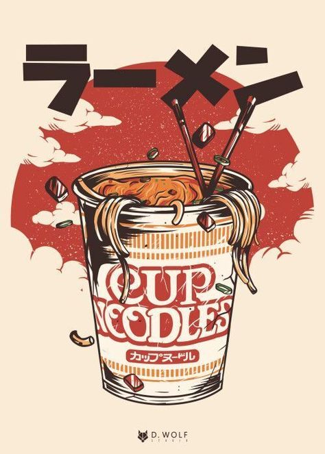 CUP NOODLES Poster Print by D. Wolf Studio  Seeking Japanese-inspired illustrations? 🖌️🎌 Look no further! Click the link above and let's bring your ideas to life! 💡✨ #Japaneseillustration #JapaneseArt Noodles Poster, Bendy Y Boris, Japan Graphic Design, Japanese Pop Art, Japanese Art Styles, Japanese Poster Design, Portfolio Template Design, Cup Noodles, Japanese Illustration