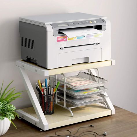 HUANUO Printer Stand, Desktop Stand for Printer, Printer Stand with Storage, Desktop Shelf with Anti-Skid Pads, Printer Table Organizer, Printer Shelf w/ 2 Tier Tray & Hardware & Steel (Light Wood) Printer Desk, Printer Storage, Printer Shelf, Wood Storage Shelves, Office Organization At Work, Desktop Shelf, Printer Stands, Printer Stand, Work Space Organization