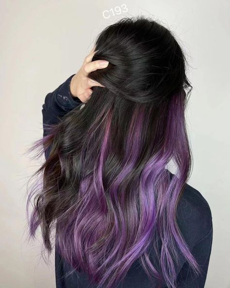 Purple Highlights Black Hair Korean, Color Dyed Hair Ideas For Brunettes, Purple Strands In Brown Hair, Dark Brown Hair With Color Underneath, Light Purple Hair Highlights, Light Brown Hair With Purple, Brunette With Purple, Peekaboo Hair Dye, Purple Highlights Black Hair