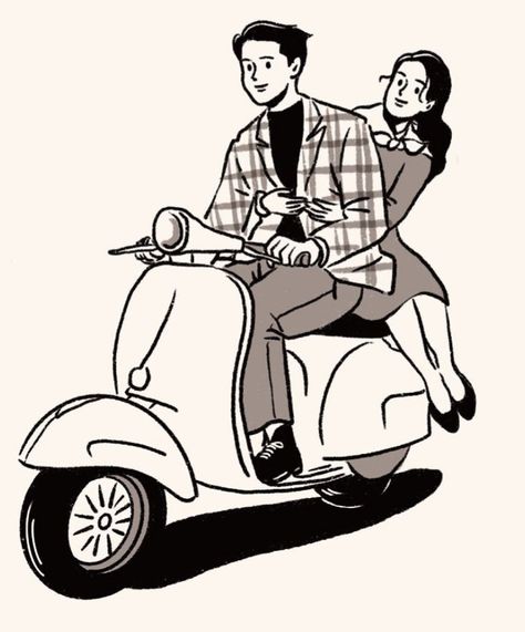 Scooter Drawing Sketch, Scooter Tattoo, Vespa Couple, Vespa Drawing, Dairy Art, Scooter Drawing, Vespa Illustration, Ride Drawing, Riding Scooter