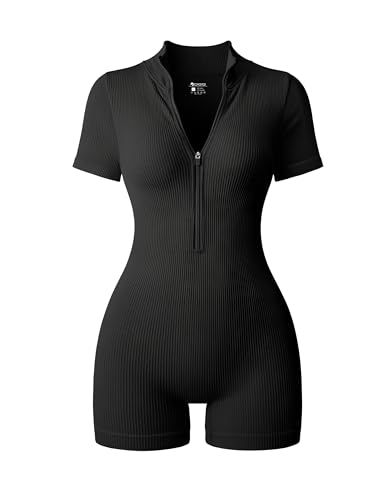 OQQ Women Rompers Ribbed Short Sleeve Zip Front Stretch Tummy Control Yoga Workout Rompers Women Romper Outfits, Workout Romper, Casual Brunch Outfit, Long Sleeve Jumpsuits, Women Workout, Everyday Fashion Outfits, Romper Outfit, Gym Clothes, Yoga Workout