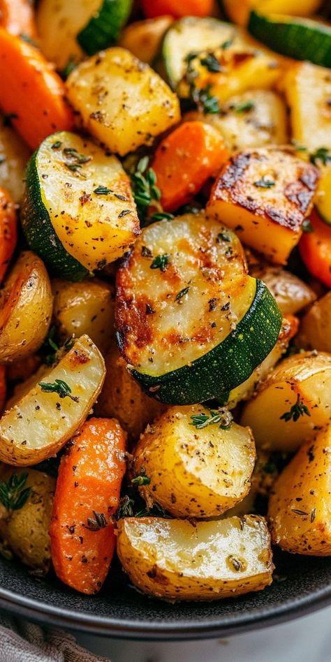 Indulge in a colorful medley! These Garlic Herb Roasted Potatoes, Carrots, and Zucchini are tossed in aromatic garlic and fresh herbs, delivering delicious flavors in every bite! 🌿✨ Herb Roasted Vegetables, Roasted Veggie Medley, Garlic Herb Roasted Potatoes, Roasted Potatoes Carrots, Carrots And Zucchini, Herb Roasted Potatoes, Roasted Potato Recipes, Flavorful Vegetables, Roasted Vegetable Recipes