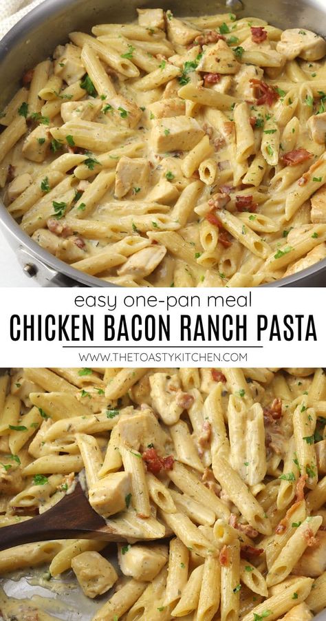 Chicken bacon ranch pasta by The Toasty Kitchen. Chicken Bacon Ranch Pasta is made in a single pan and ready in 30 minutes. Chicken, bacon, and penne pasta are coated in a creamy cheese sauce with tangy ranch seasoning. #chickenbaconranchpasta #chickenbaconranch #skilletmeal #onepanmeal #dinnerideas #30minutemeal Chicken Penne Pasta, Bacon Ranch Pasta, Chicken Bacon Pasta, Creamy Cheese Sauce, Chicken Ranch Pasta, Chicken Bacon Ranch Pasta, Ranch Pasta, Pasta Dinners, Pasta Dinner Recipes