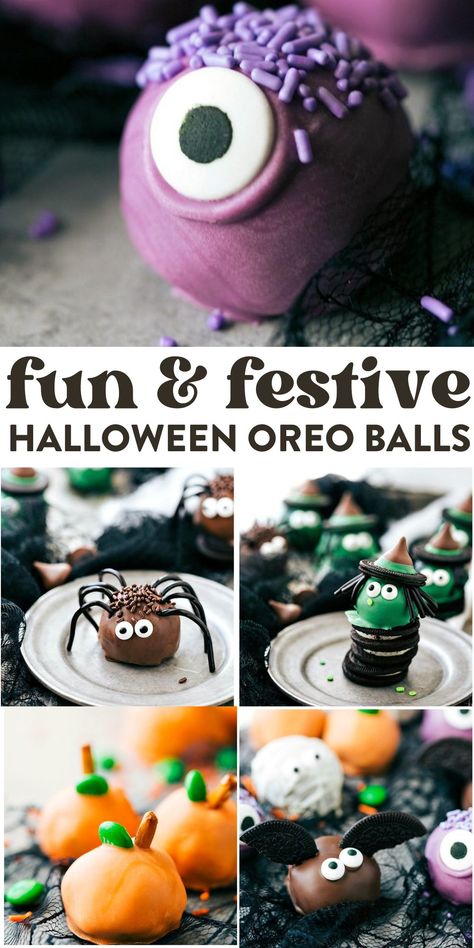 Festive Halloween Oreo Balls Halloween Desserts Oreo Balls, Mummy Oreo Balls, Oreo Balls Halloween, Halloween Oreo Balls, Halloween Cake Balls, Halloween Truffles, Oreo Cake Balls, Oreo Cheesecake Bites, Pumpkin Truffles