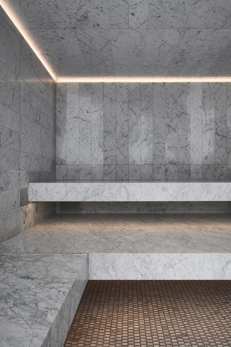 Luxury Bathroom Ideas, Sauna A Vapor, Presidential Suite, Terrazzo Floors, Sleek Bathroom, Sauna Design, Terrazzo Flooring, Marble Side Tables, Vintage Floor Lamp