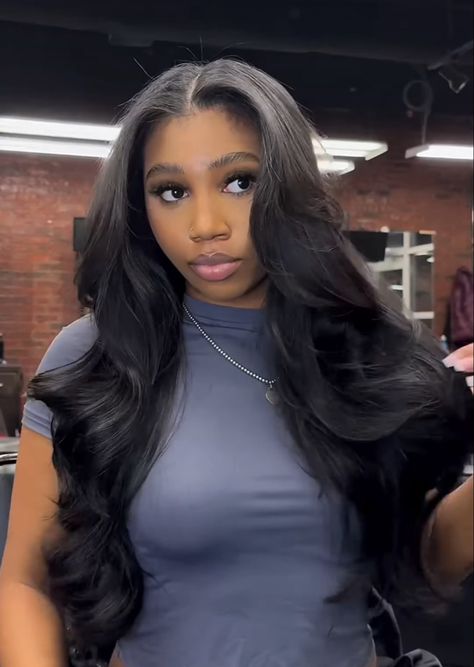 Long Layers Weave Black Women, Layered Middle Part Sew In Weave Straight, Middle Part Loose Waves Sew In, Straight Hair Styles For Black Women, Thick Sew In, Sew In Weave With Closure Styles, See In With Layers, Jet Black Sew In Weave Middle Part, Bus Down Middle Part Wig