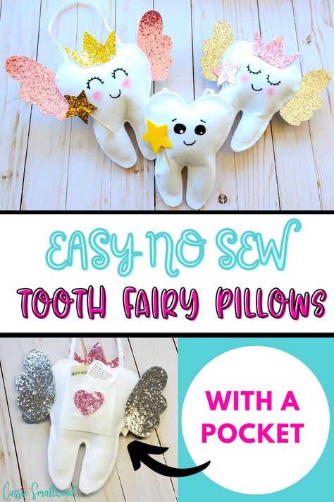 Easy no sew Tooth Fairy pillow pattern and tutorial Tooth Fairy Pillow Diy, Tooth Fairy Pillow Pattern, Fairy Pouch, Tooth Fairy Gifts, Tooth Fairy Pillows, Monster Pillows, Tooth Fairy Bag, Diy Tooth Fairy, Tooth Pillow