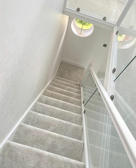 White Glass Staircase, Glass Banister, Cream Carpet, Victorian Terrace House, Staircase Storage, Home Hall Design, Glass Staircase, Dream Life House, Victorian Terrace