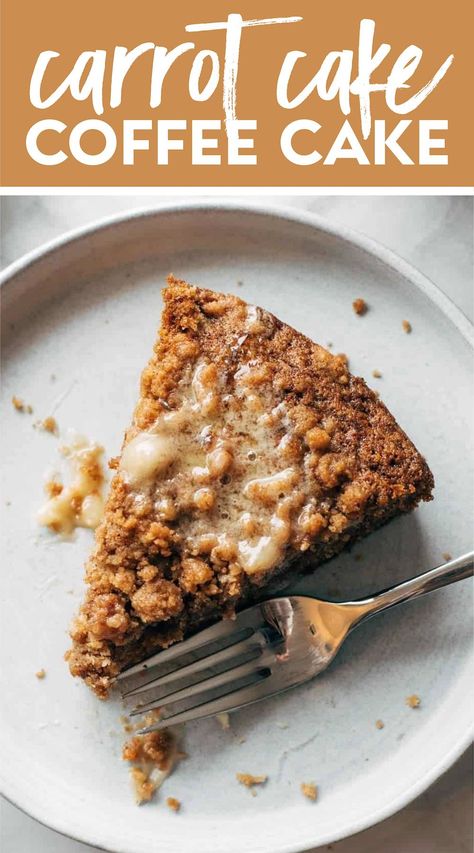 Carrot Cake Coffee Cake! A super easy batter loaded with shredded carrots, topped with a thick crumbly cinnamony streusel, and finished with a melty sweet honey butter. #carrotcake #coffeecake #dessert Crumb Cakes, Cake Coffee, Coffee Cake Recipe, Shredded Carrots, Coffee Cakes, Coffee Cake Recipes, Honey Butter, Breakfast Breads, Savoury Cake