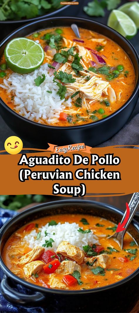 Experience the vibrant flavors of Peru with Aguadito de Pollo, a traditional Peruvian chicken soup known for its rich, hearty qualities. This soup is loaded with chicken, rice, cilantro, and a variety of vegetables, making it a nutritious and comforting meal, especially during cold weather. #PeruvianCuisine #ChickenSoup #AguaditoDePollo Peruvian Minestrone Soup, Peruvian Style Chicken, Chilean Soup Recipes, Peruvian Chicken Stew, Purvian Chicken Recipes, Spanish Potato Soup, Latin Soup Recipes, Cold Weather Chicken Recipes, Mexican Chicken Soup With Rice