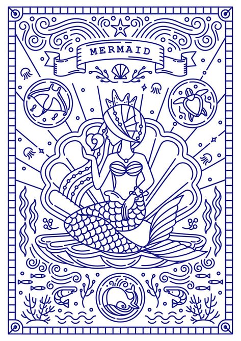 Learn Line Art, Mermaid Vector Illustration, Mermaid Line Drawing, Mermaid Graphic Design, Mermaid Line Art, Celestial Mermaid, Net Illustration, Monoline Art, Mermaid Cards