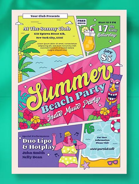 Summer Beach Party Flyer Template AI, PSD Summer Magazine Design, Beach Party Flyer Design, P5 Banner, Party Flyer Ideas, Beach Party Poster, Summer Poster Design, Summer Party Poster, Beach Party Flyer, Summer Party Flyer