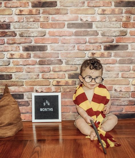 Harry Potter themed photo for baby  (9 3/4 months) Diy 9 Month Photoshoot, Harry Potter Baby Photoshoot 9 3/4, Harry Potter Milestone Pictures, Harry Potter Newborn Photography, Monthly Theme Baby Photos, 9months Baby Photoshoot Boy, 9 3/4 Birthday, Baby 9 Months Photography, 9 Month Milestone Pictures