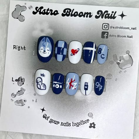 𝗜𝗚: @𝗮.𝘀𝘁𝗿𝗼𝗯𝗹𝗼𝗼𝗺_𝗻𝗮𝗶𝗹 Kpop Inspo Nails, Skz Themed Nails, Stray Kids Nails Ideas, Astro Nails, Uñas Stray Kids, Bangchan Nails, Skz Nails Idea, Kpop Nails Ideas, Stray Kids Nails Designs