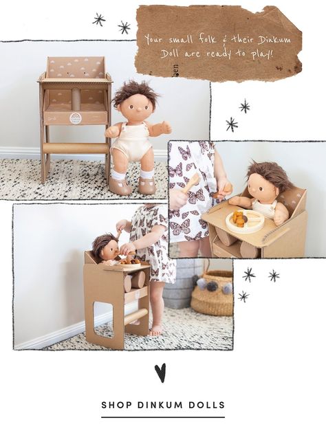 DIY | Make your own Dinkum Doll High Chair – Olli Ella Au Diy Baby Doll Furniture, Diy Baby Doll Bed, Dinkum Doll, Doll High Chair, Carton Diy, Double Bedding Sets, Kids Baskets, Olli Ella, Cardboard Toys