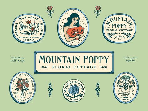 Mountain Poppy Florals by Kylie Sky Souza for Commence Studio on Dribbble Poppy Logo, Sticker Logo, Fairy Logo, Nature Inspired Branding, Flower Farm Branding, Cottagecore Branding Design, Poppy Graphic Design, Whimsical Branding, Wildflower Branding