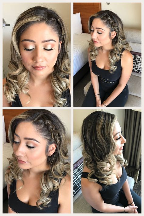 Hair Curled With Braid On Side, Bridesmaid Hair With Braid Down, Bridesmaid Hairstyles Side Clip, Curled Hair With Side Pinned Back Braid, Formal Hair Down With Braid, Side Braid Down Hairstyles, Hair Styles One Side Pulled Back Half Up, Bridesmaid Hair Ideas Down With Braid, Hairstyles For Madrinas