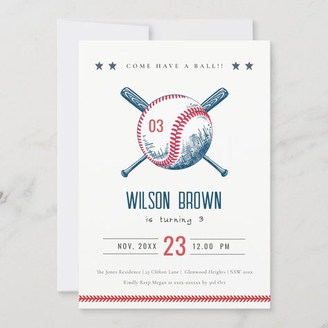 Cute Navy Red Baseball Bat Star Kids Birthday Invitation | #baseball #rookie #cute #rednavyblue #modernelegant #simpleminimal #kidsbirthday #sports #star #comehaveaball Baseball Birthday Party Invitations, Baseball Birthday Invitations, Baseball Theme Birthday, Sports Birthday Invitations, Star Theme, Kids Birthday Invitation, Sports Birthday Party, Baseball Birthday Party, Star Kids