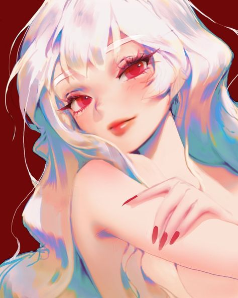 Red And White Hair Color, Red Eyes Character, White Hair Girl Art, White And Red Hair, White Red Hair, Red White Hair, White Hair Red Eyes, Oc Reference, Arte Peculiar