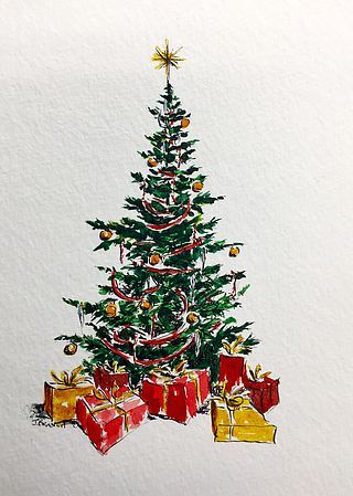 Christmas Tree Card 12 Days Of Christmas Cards, Singing Christmas Tree, Branch Drawing, Painted Christmas Cards, Christmas Tree Drawing, Christmas Tree Card, Watercolor Christmas Tree, Christmas Tree Art, Christmas Card Art