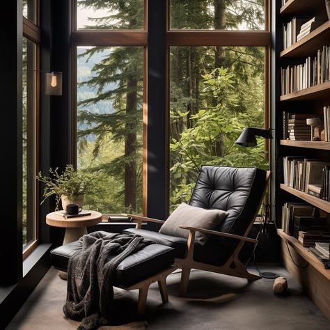 As the sun's gentle rays filter through the windows of the sleek black designed modern farmhouse, you settle into your cozy reading corner,… | Instagram Estate Interior, Cozy Reading Corners, Home Library Design, Modern Cabin, Home Library, Home Office Design, Dream Home Design, 인테리어 디자인, Decor Kitchen