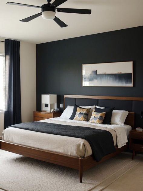 Bedroom Design Ideas For Men, Simple Bedroom Ideas For Small Rooms Men, Dark Green And Grey Bedroom, Bedroom Inspirations Men, Simple Bedroom Ideas For Small Rooms, Dark Accent Wall, Bachelor Pad Bedroom, Bachelor Room, Scandinavian Interior Bedroom