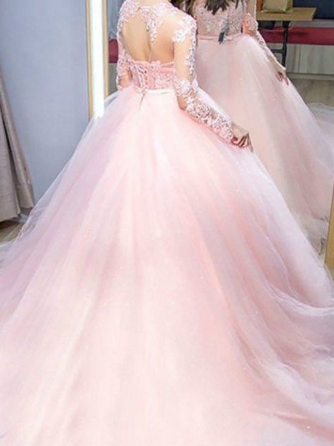 Ball Gown Jewel Long Sleeves Sweep/Brush Train Lace Tulle Dresses Gown Pink, Pink Ball Gown, Cheap Prom Dresses Long, Tulle Dresses, Tulle Balls, Tulle Evening Dress, Evening Dresses Online, Pink Wedding Dresses, Lace Ball Gowns