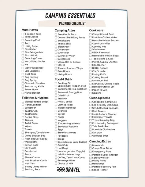 Gravel Camping Packing List.pdf Pack For Cabin Trip, Overnight Camping Packing List, Camping Must Haves Packing Lists, Things To Take Camping, Packing List Free Printable, Camping Equipment List, Camping Checklist Printable, Camping Attire, Camping Pad