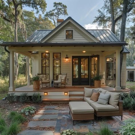 Cottage In The Country, Cozy Country Home Exterior, Small House Big Porch, Small Home Ideas Exterior, Small Home Building Ideas, Rustic Beach House Exterior, Cottagecore Exterior House, Porch Small House, Small Farm Homes