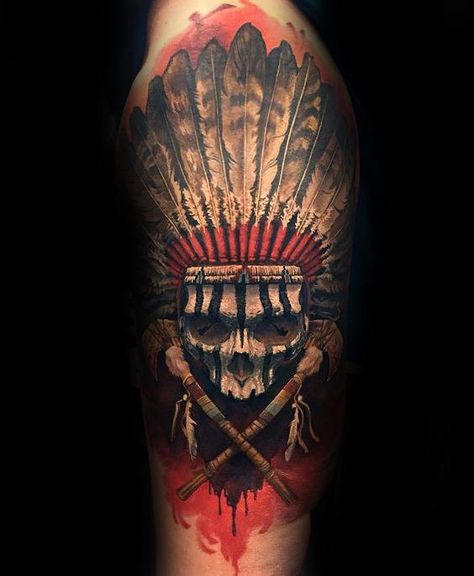 Awesome Indian Skull Mens Half Sleeve Tattoo Ideas With Native American Design Indian Chief Tattoo, Indian Skull Tattoos, Headdress Tattoo, Native American Tattoos, Native Tattoos, Indian Skull, Full Sleeve Tattoo Design, Tattoo Henna, Half Sleeve Tattoos For Guys