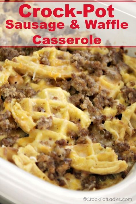 Crock-Pot Waffle and Sausage Casserole - Perfect for brunch or breakfast this recipe for Crock-Pot Waffle and Sausage Casserole combines frozen waffles, sausage, eggs & cheese for a easy recipe! #CrockPotLadies #CrockPot #SlowCooker #Casserole #BreakfastCasserole Breakfast Casserole No Meat, Sausage Casserole Recipes, Sausage Crockpot, Breakfast Crockpot Recipes, Frozen Waffles, Sausage Casserole, Crockpot Breakfast, Brunch Recipe, Breakfast Casserole Easy