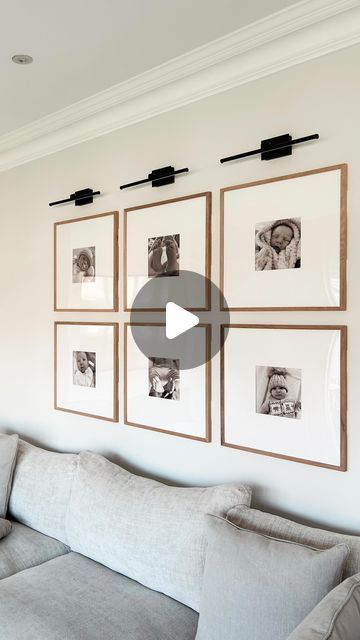 Nikki Jackson  🤍 on Instagram: "I still get so many DMs/comments about our little gallery wall so I thought I would repost and tag where all is from again 🤗  • Battery wall lights - @online_lighting * Although they look black, mine are the bronze large size  • Frames - 50x50 @hmhome   • Inserts - @ebay_uk   All links, details and sizes on my “new links” highlight ❤️  *previously gifted  #gallerywall #batterywalllights #walllights #picturelights" Photo Wall Lighting Ideas, Gallery Wall With Picture Lights, Gallery Wall With Lights, Gallery Wall Lighting, Battery Wall Lights, Townhouse Decor, Couch Wall Decor, Hallway Wall Lights, Above Couch