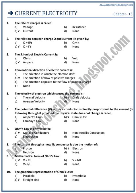 Adamjee Coaching: XII Physics MCQS - Current Electricity Current Electricity, Iit Jee Physics Notes, Electrostatic Physics Notes Class 12, Class 10 Science Notes Electricity, Physics Important Formulas For Neet, Current Electricity Formula, Electricity Physics, Physics Notes Class 12 Current Electricity, Neet Notes