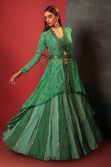 Shop for these amazing collections of Green Pure Georgette Woven Bandhani Jacket: Open Skirt Set For Women by Bandhani online at Aza Fashions. Skirt With Long Jacket, Long Koti Blouse Design, Bandhani Skirt With Top, Full Sleeve Crop Top And Skirt, Embroidery On Bandhani, Jacket Lehenga Long, Jacket Outfit Indian, Bandhani Blouse Work, Skirt Top Indian Outfit