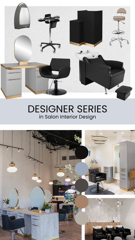 Mood board inspired by Minerva Beauty's Designer Series Collection. Minerva Beauty, Salon Styling Stations, Salon Mirrors, Nail Salon And Spa, Styling Stations, Behind The Chair, Hair Salon Decor, Salon Equipment, Hair Salons