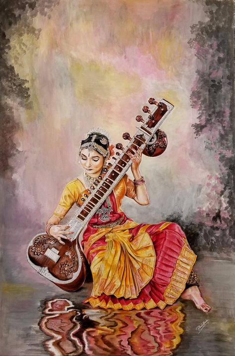 Indian Classical Art Paintings, Canvas Painting Indian Culture, Classical Indian Art, Indian Music Art, Music Composition Painting, Asthatic Painting Ideas, Indian Music Aesthetic, Bharatnatyam Painting, Indian Heritage Drawing