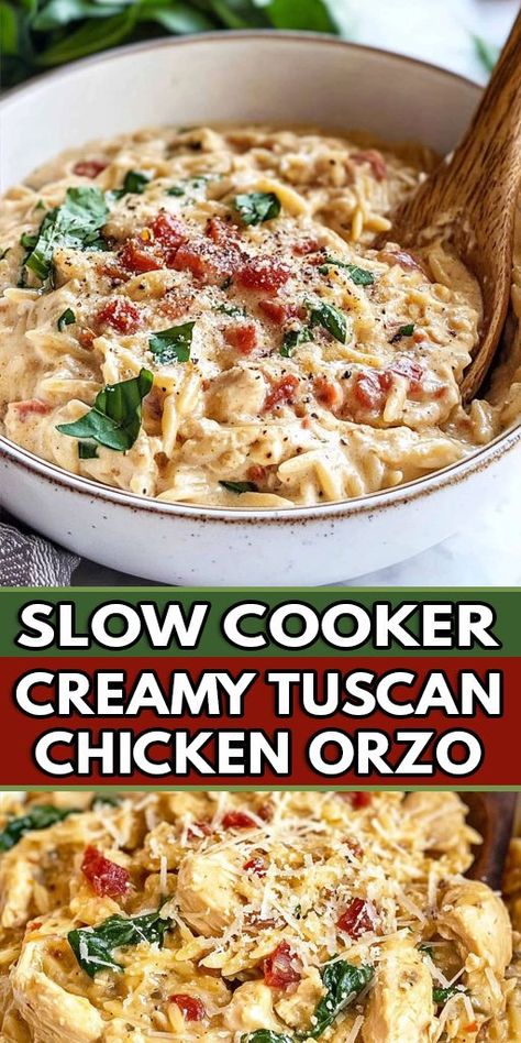 Slow Cooker Creamy Tuscan Chicken Orzo Ingredients: 2 boneless, skinless chicken breasts (cut into small cubes) 1 teaspoon Italian seasoning ¼ teaspoon red pepper flakes Salt and pepper (to taste) 4 cloves garlic (minced) 1 small onion (diced) 1 cup sun-dried tomatoes (chopped, not in oil) ½ cup chicken broth (low sodium) 1 cup heavy cream 1 cup fresh spinach (roughly chopped) 1 cup orzo pasta 1 cup Parmesan cheese (grated) #Creamytuscan #ChickenOrzo #Quickrecipe Tuscan Chicken Orzo, Creamy Orzo Recipes, Chicken Orzo Pasta, Creamy Orzo Pasta, Italian Chicken Soup, Italian Chicken Crockpot, Sundried Tomato Chicken, Creamy Orzo, Creamy Tuscan Chicken