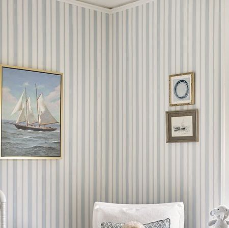 Lauren E. Lowe on Instagram: "A very special nursery for our very special boy! Can’t believe my little boy just turned 5! ✨#laurenelaineinteriors #nurserydesign #littleboysroom #stripes" Blue Striped Wallpaper Bedroom, Striped Wallpaper Nursery, Barn Rum, Vintage Nursery Boy, Boys Room Blue, Striped Nursery, Kids Rooms Inspo, Baby Boy Room Nursery, Homeward Bound