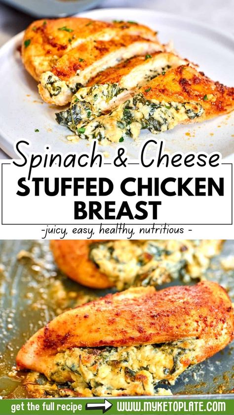 This Spinach and Cheese Stuffed Chicken Breast is a popular and easy dinner recipe. It features chicken breasts filled with creamy spinach and cheese, baked to perfection for a delicious and juicy meal. Plus, it's low in carbs, making it perfect for a keto-friendly, low-carb dinner. Cream Cheese Spinach Stuffed Chicken, Spinach And Cheese Stuffed Chicken, Spinach Stuffed Chicken Breast Recipes, Chicken Spinach Recipes, Quick Chicken Breast Recipes, Baked Stuffed Chicken, Stuffed Chicken Breast Cream Cheese, Cream Cheese Spinach, Stuffed Chicken Breast Spinach