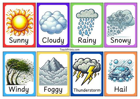 Weather Flashcards (Free to Print!) - 🍎 Teach Prints Weather Flashcards, Cursive Letters Worksheet, Multiplication Flashcards, Shapes Flashcards, Shape Tracing Worksheets, Name Tracing Worksheets, North American Animals, Number Flashcards, Pattern Worksheet