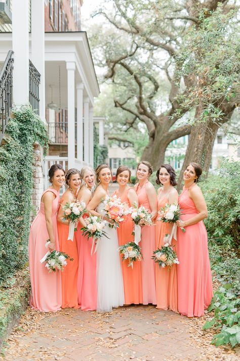 Bright Coral Wedding at Savannah Yacht Club — A Lowcountry Wedding Blog & Magazine - Charleston, Savannah, Hilton Head, Myrtle Beach Coral Braidsmaid Dresses, Peach Ombre Bridesmaid Dresses, Coral Orange Wedding Theme, Coral Maid Of Honor Dress, Pink And Coral Bridesmaid Dresses, Pink Coral Bridesmaid Dresses, Orange And Coral Wedding, Destination Wedding Bridesmaid Dresses Beach, Bridesmaid Dresses Orange Coral